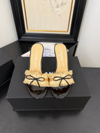 SAND YELLOW GROSGRAIN CANVAS BOW MULE SANDALS 90 MM