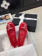 MARY JANE SHOES IN CHERRY RED VELVET WITH CRYSTALS LOGO