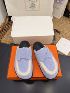 HM 25S MULE IN SOFT LAVENDER BLUE SUEDE MIX WHITE SHEARLING