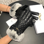 GLOVES ATTACHED BOW IN BLACK RABBIT FUR AND LAMBSKIN 113707