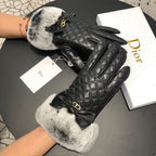 GLOVES ATTACHED BOW IN BLACK RABBIT FUR AND LAMBSKIN 113707