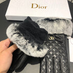 GLOVES ATTACHED BOW IN BLACK RABBIT FUR AND LAMBSKIN 113707