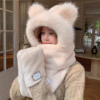 PLUSH WARM HAT IN BEIGE RABBIT FUR WITH FOX EARS 439588