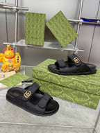GG SANDALS IN BLACK FABRIC AND CALFSKIN WITH GOLD HARDWARE