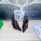ALFIE LEATHER HIGH MULES IN CHOCOLATE BROWN CALFSKIN WITH WOVEN DESIGN
