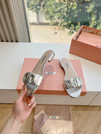 SLIDE SANDALS ATTACHED DIAMOND IN SILVER METALLIC LAMBSKIN