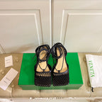 STRETCH LACE-UP FLAT SANDAL IN BLACK METALLIZED MESH AND LEATHER