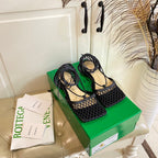 STRETCH LACE-UP FLAT SANDAL IN BLACK METALLIZED MESH AND LEATHER