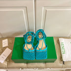 STRETCH LACE-UP FLAT SANDAL IN CERULEAN BLUE METALLIZED MESH AND LEATHER