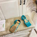 STRETCH LACE-UP FLAT SANDAL IN CERULEAN BLUE METALLIZED MESH AND LEATHER