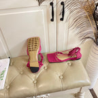 STRETCH LACE-UP FLAT SANDAL IN BRIGHT PINK METALLIZED MESH AND LEATHER