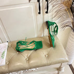 STRETCH LACE-UP FLAT SANDAL IN COOL GREEN METALLIZED MESH AND LEATHER