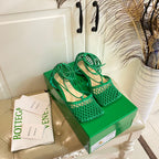 STRETCH LACE-UP FLAT SANDAL IN COOL GREEN METALLIZED MESH AND LEATHER