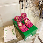 STRETCH LACE-UP SANDAL IN BRIGHT PINK METALLIZED MESH AND LEATHER 9 CM