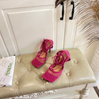 STRETCH LACE-UP SANDAL IN BRIGHT PINK METALLIZED MESH AND LEATHER 9 CM