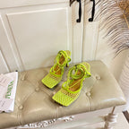 STRETCH LACE-UP SANDAL IN NEON GREEN METALLIZED MESH AND LEATHER 9 CM