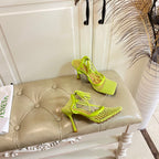 STRETCH LACE-UP SANDAL IN NEON GREEN METALLIZED MESH AND LEATHER 9 CM