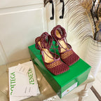 STRETCH LACE-UP SANDAL IN WINE RED METALLIZED MESH AND LEATHER 9 CM