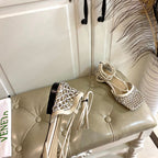 LACE-UP FLAT SANDAL IN WHITE CREAM METALLIZED MESH AND LEATHER WITH RHINSTONES