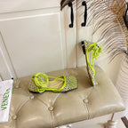 LACE-UP FLAT SANDAL IN NEON YELLOW METALLIZED MESH AND LEATHER WITH RHINSTONES