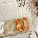 LACE-UP FLAT SANDAL IN VIVID ORANGE METALLIZED MESH AND LEATHER WITH RHINSTONES