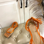 LACE-UP FLAT SANDAL IN VIVID ORANGE METALLIZED MESH AND LEATHER WITH RHINSTONES