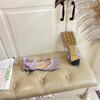 LACE-UP FLAT SANDAL IN LIGHT PURPLE METALLIZED MESH AND LEATHER WITH RHINSTONES