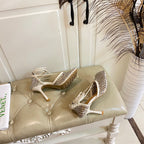 LACE-UP SANDAL IN WHITE CREAM METALLIZED MESH AND LEATHER WITH RHINSTONES 9 CM
