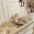 LACE-UP SANDAL IN WHITE CREAM METALLIZED MESH AND LEATHER WITH RHINSTONES 9 CM
