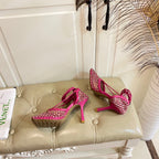 LACE-UP SANDAL IN PUNCH PINK METALLIZED MESH AND LEATHER WITH RHINSTONES 9 CM