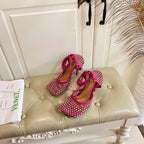 LACE-UP SANDAL IN PUNCH PINK METALLIZED MESH AND LEATHER WITH RHINSTONES 9 CM