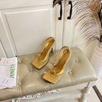 STRETCH LACE-UP SANDAL IN GOLD METALLIZED MESH AND LEATHER 9 CM