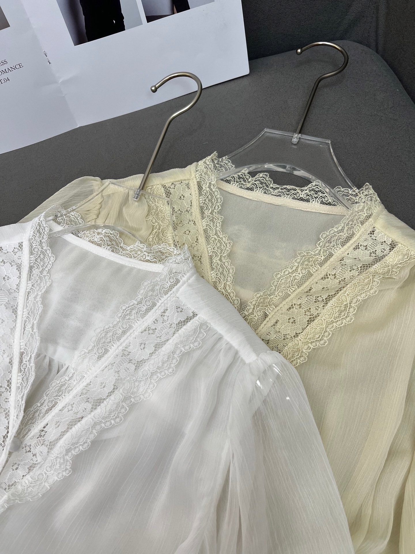 DIOR NEW DESIGN V-NECK LACE BLO WITH PUFF SLEEVES