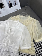 DIOR NEW DESIGN V-NECK LACE BLO WITH PUFF SLEEVES