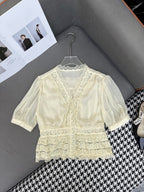 DIOR NEW DESIGN V-NECK LACE BLO WITH PUFF SLEEVES