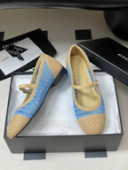 BALLET MARY JANE 10MM IN NATURAL BEIGE AND BLUE RAFFIA