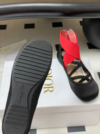 DIOR STRETCH BALLET FLATS 25S IN BLACK MIX RED FABRIC WITH CROSSED STRAPS