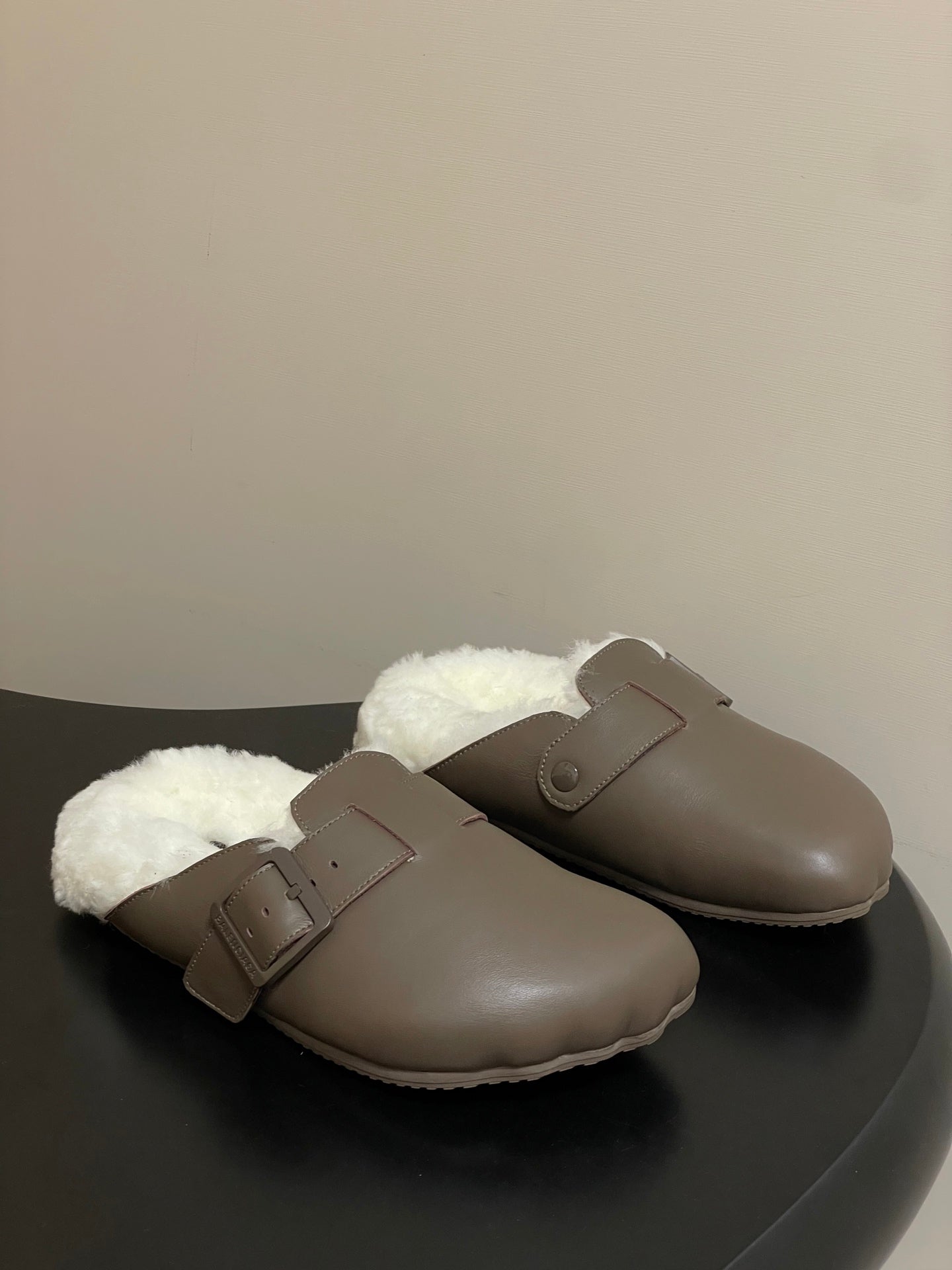 BALENCIAGA 25S FUR-LINED MULES IN TAUPE GRAY FAUX LEATHER