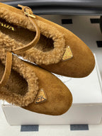 PRADA 25S MARY JANE FLATS IN DARK WALNUT BROWN SUEDE WITH GOLD HARDWARE