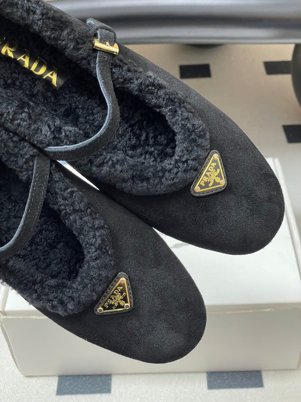 PRADA 25S MARY JANE FLATS IN BLACK SUEDE WITH GOLD HARDWARE