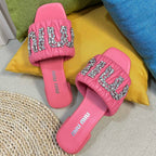 Women's Neon Pink Leather Diamond Slippers
