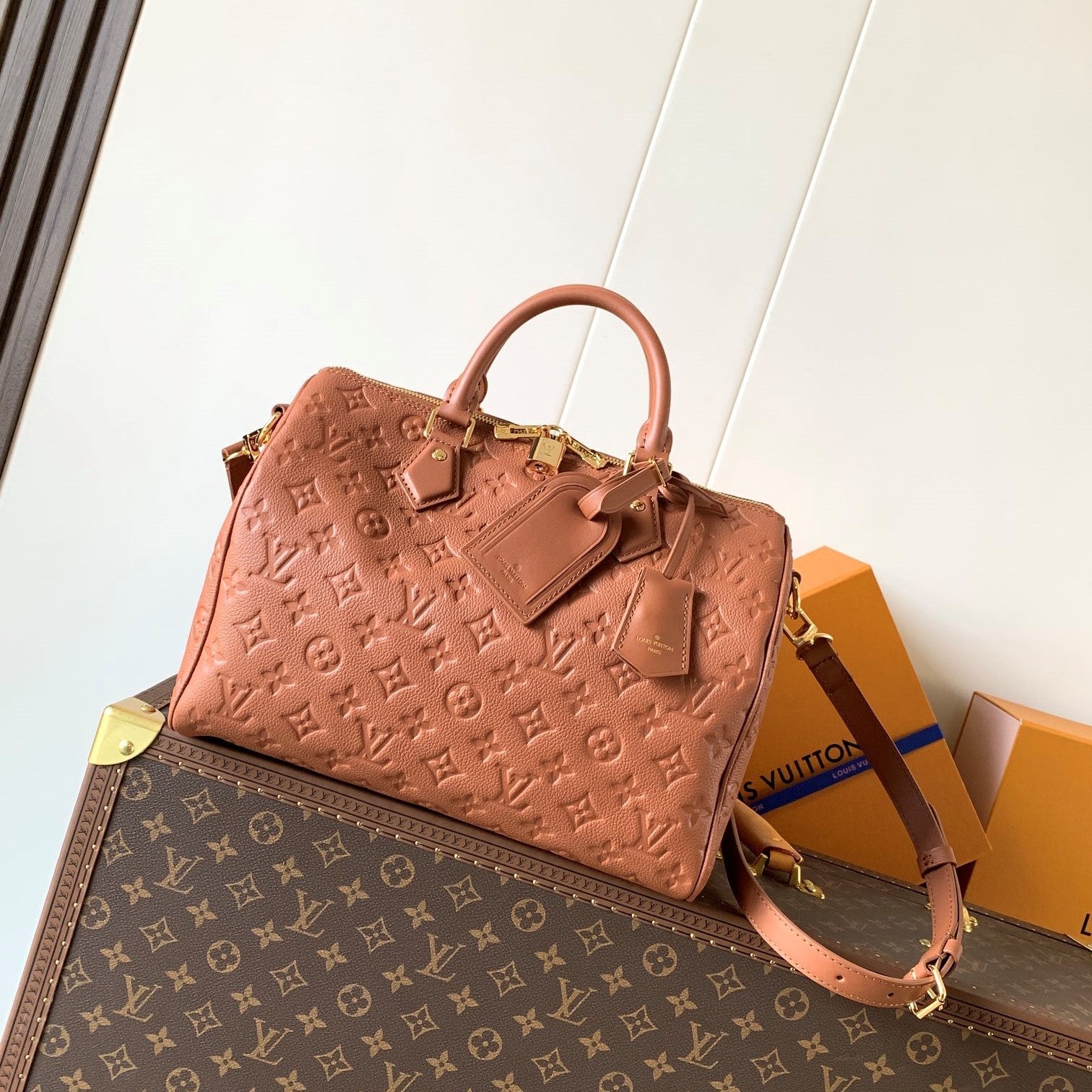 LV M28662 Speedy Soft 30 Camel Brown Monogram Empreinte Leather