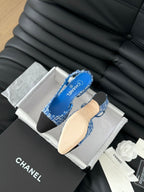 HIGH SLINGBACK IN COBALT BLUE TWEED AND BLACK LAMBSKIN