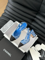 HIGH SLINGBACK IN COBALT BLUE TWEED AND BLACK LAMBSKIN