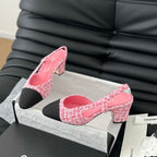 HIGH SLINGBACK IN LIGHT PINK TWEED AND BLACK LAMBSKIN