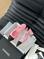 HIGH SLINGBACK IN LIGHT PINK TWEED AND BLACK LAMBSKIN