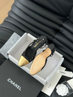 HIGH SLINGBACK IN BLACK TWEED AND GOLDEN LAMBSKIN