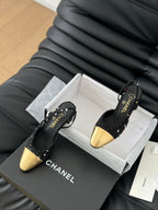 HIGH SLINGBACK IN BLACK TWEED AND GOLDEN LAMBSKIN