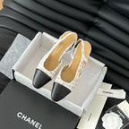 HIGH SLINGBACK IN BEIGE TWEED AND BLACK LAMBSKIN