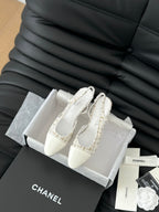 HIGH SLINGBACK IN WHITE TWEED AND LAMBSKIN